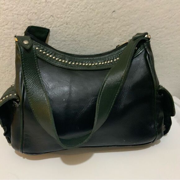 American West Black Hair-On Cowtown Green Tooled Leather Zip-Top Shoulder Bag - Picture 4 of 15